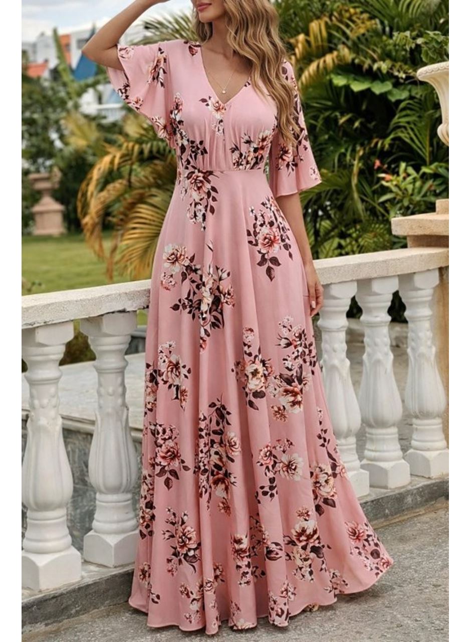 Kadın Kısa Kollu V Yakalı Desenli Süprem Elbise