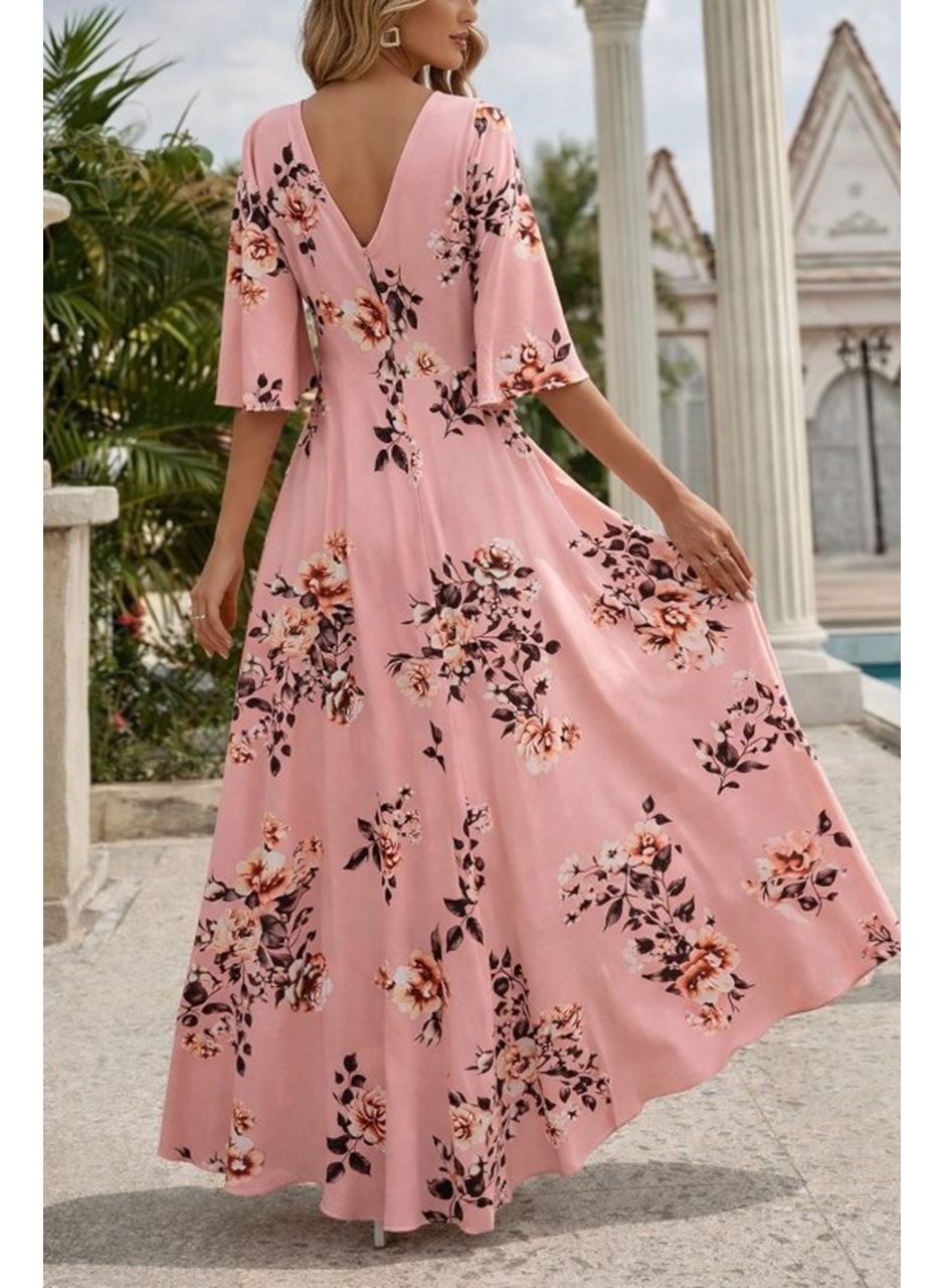 Kadın Kısa Kollu V Yakalı Desenli Süprem Elbise