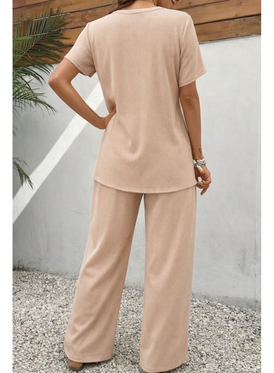 Kadın Kısa Kollu Bisiklet Yaka Asimetrik Kesim Detaylı Bürümcük Bluz Ve Pantolon Ikili Takım