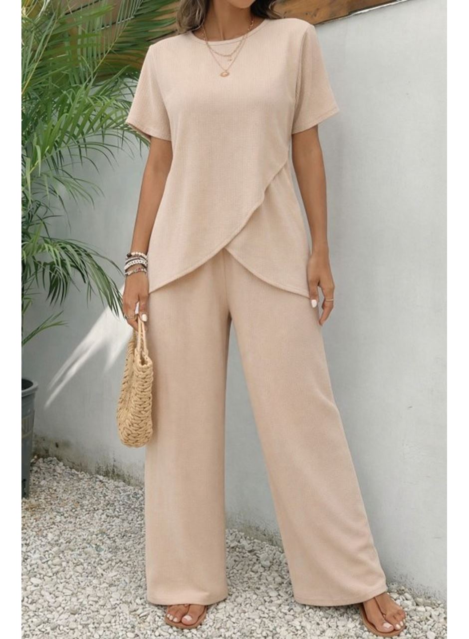 Kadın Kısa Kollu Bisiklet Yaka Asimetrik Kesim Detaylı Bürümcük Bluz Ve Pantolon Ikili Takım