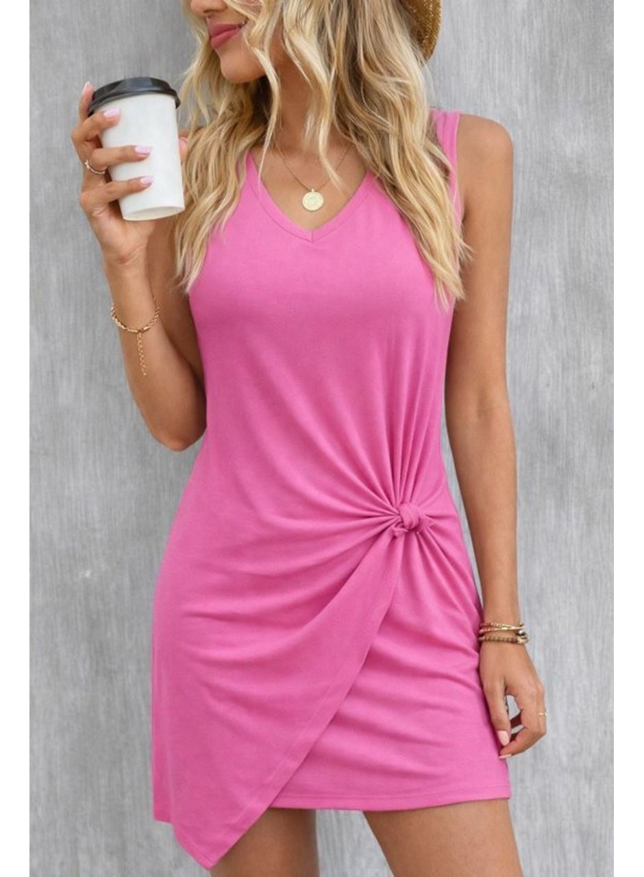 Kadın Askılı V Yakalı Yandan Asimetrik Detaylı Kısa Viskon Elbise