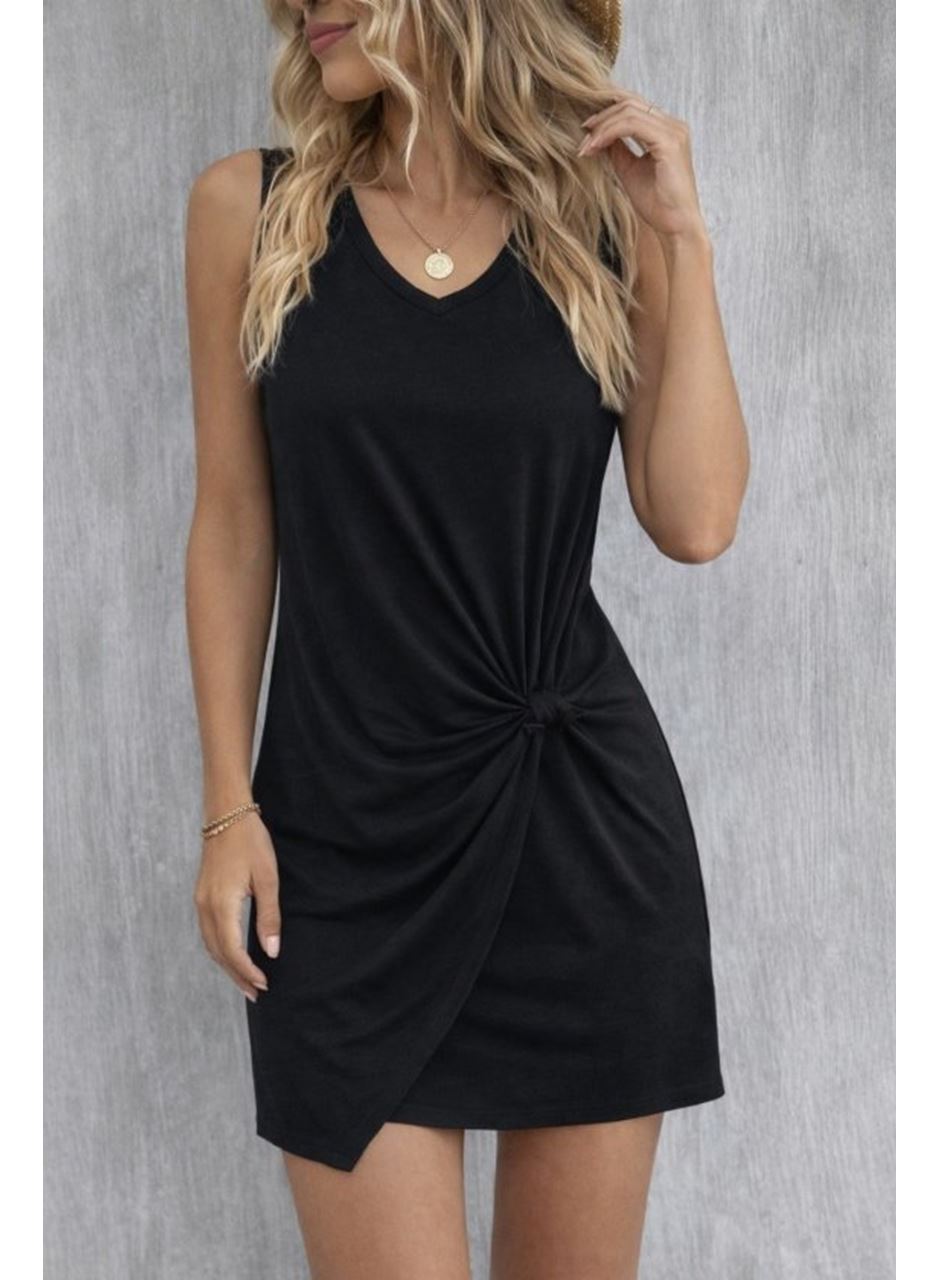 Kadın Askılı V Yakalı Yandan Asimetrik Detaylı Kısa Viskon Elbise