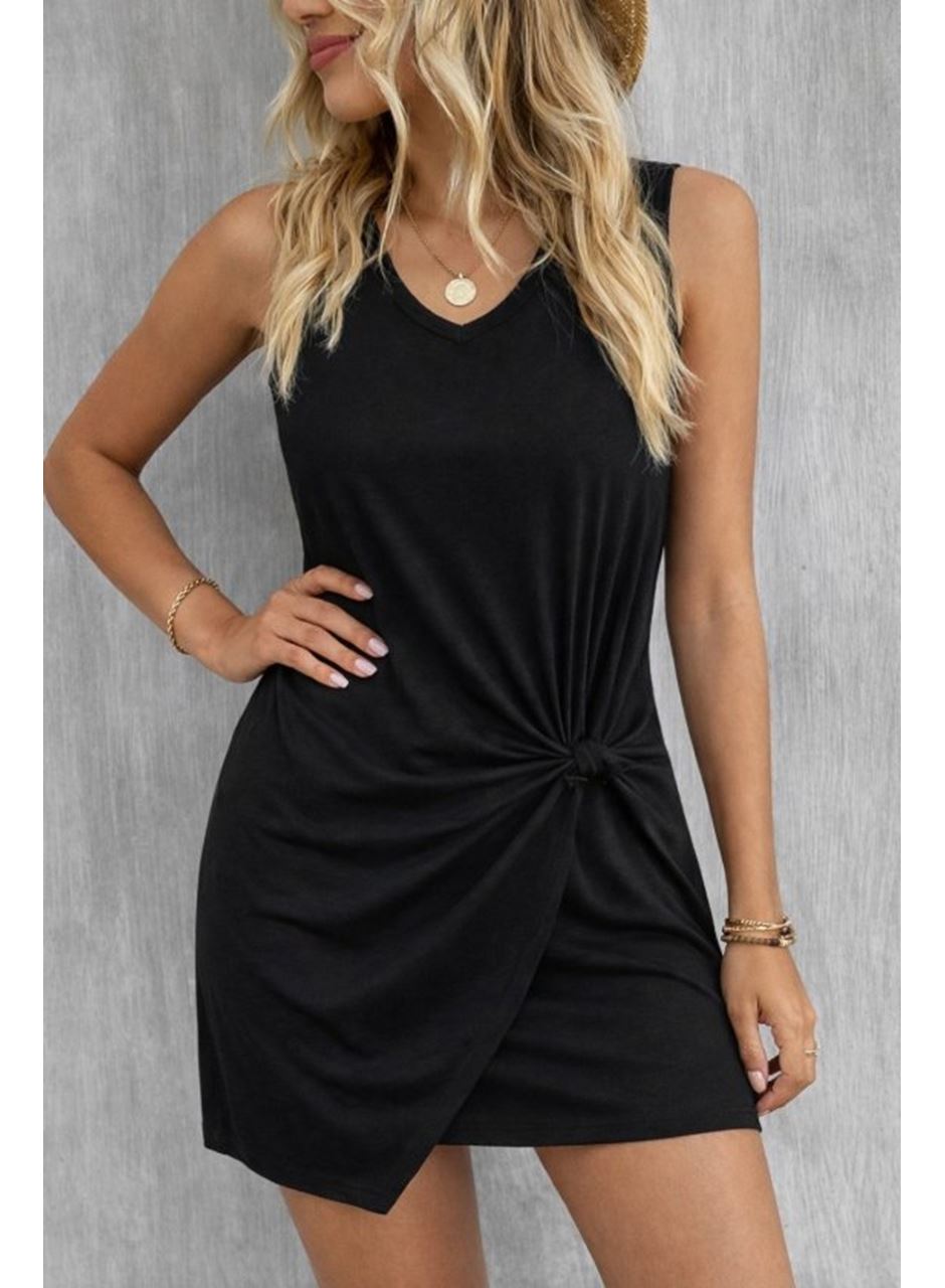 Kadın Askılı V Yakalı Yandan Asimetrik Detaylı Kısa Viskon Elbise