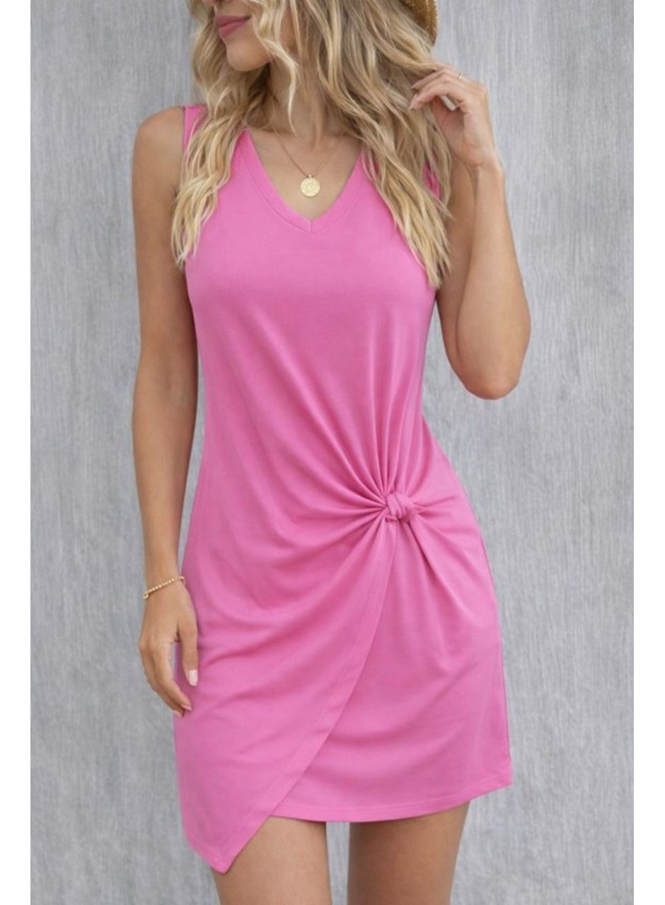 Kadın Askılı V Yakalı Yandan Asimetrik Detaylı Kısa Viskon Elbise