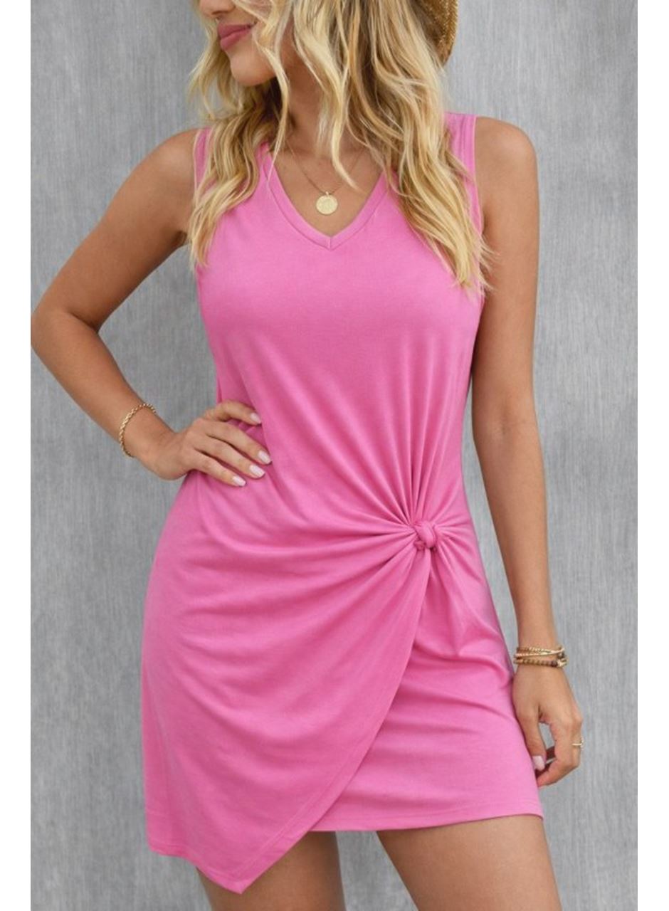 Kadın Askılı V Yakalı Yandan Asimetrik Detaylı Kısa Viskon Elbise
