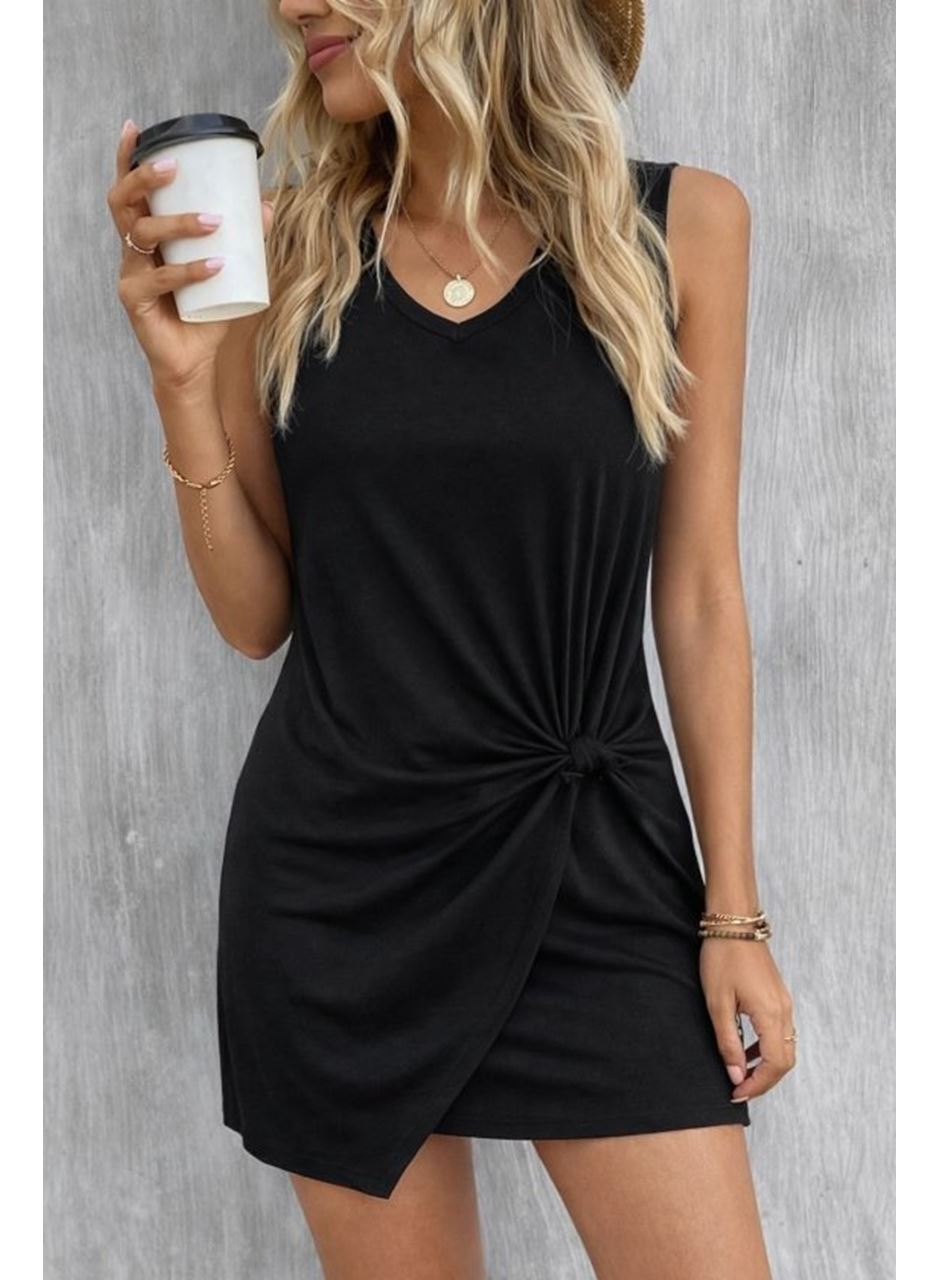 Kadın Askılı V Yakalı Yandan Asimetrik Detaylı Kısa Viskon Elbise
