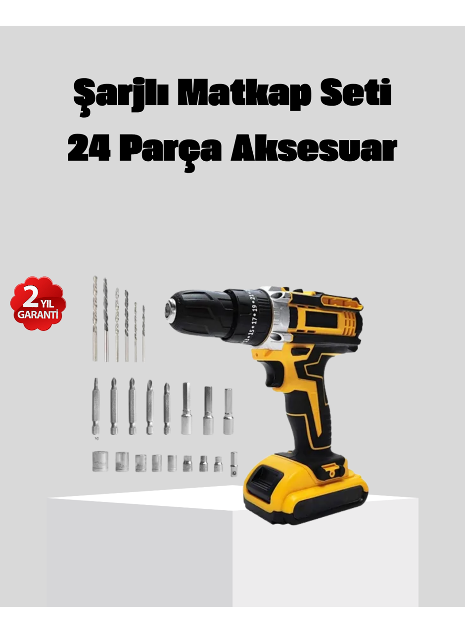 24 Parça Çift Bataryalı Akülü Darbeli Matkap – Güçlü Motor, Metal Dişli, LED Işıklı