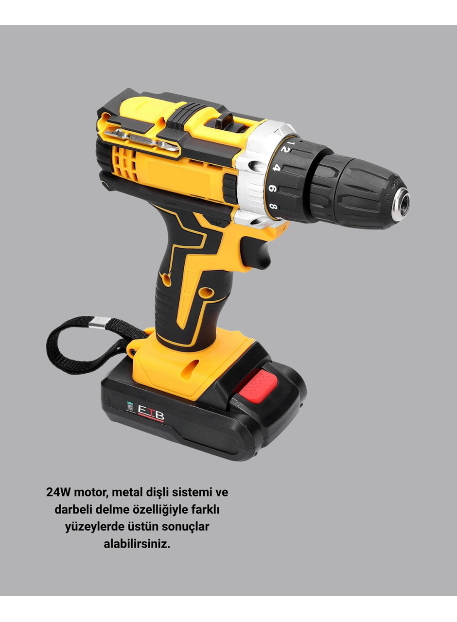 24 Parça Çift Bataryalı Akülü Darbeli Matkap – Güçlü Motor, Metal Dişli, LED Işıklı