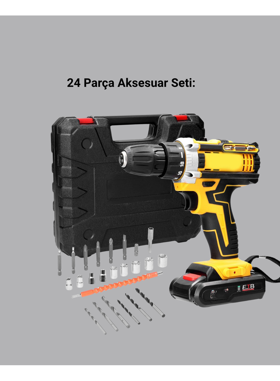 24 Parça Çift Bataryalı Akülü Darbeli Matkap – Güçlü Motor, Metal Dişli, LED Işıklı