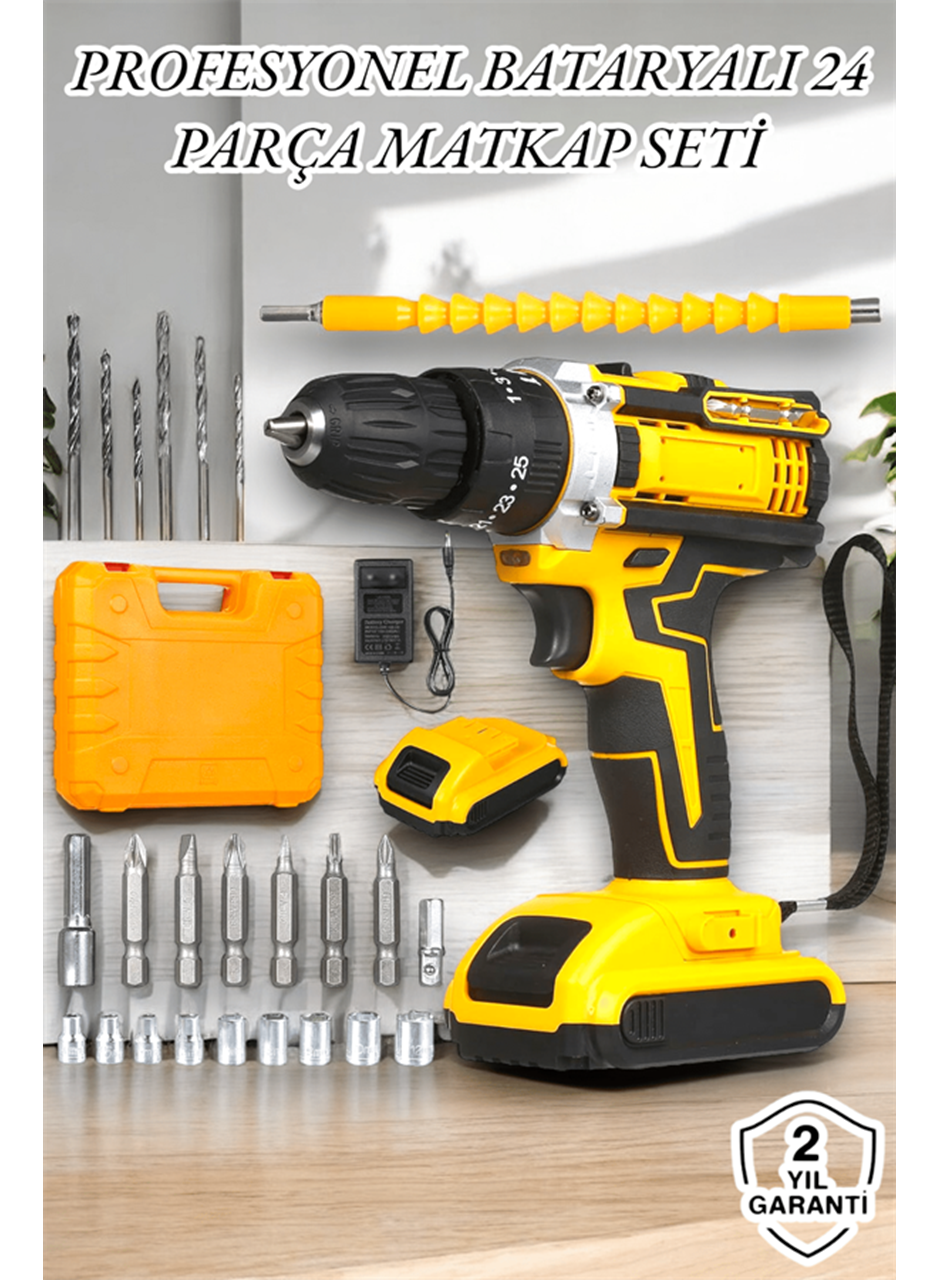 24 Parça Çift Bataryalı Şarjlı Matkap Seti 24W Motor ve Otomatik Mil Kilitli Tasarım