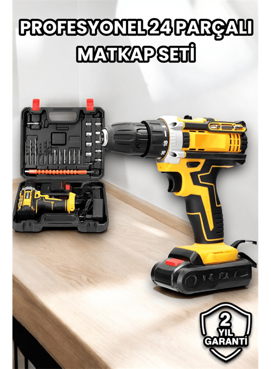 Metal Dişli 24W Akülü Matkap -Çift Bataryalı ve LED Çalışma Işığı ile Tam Set