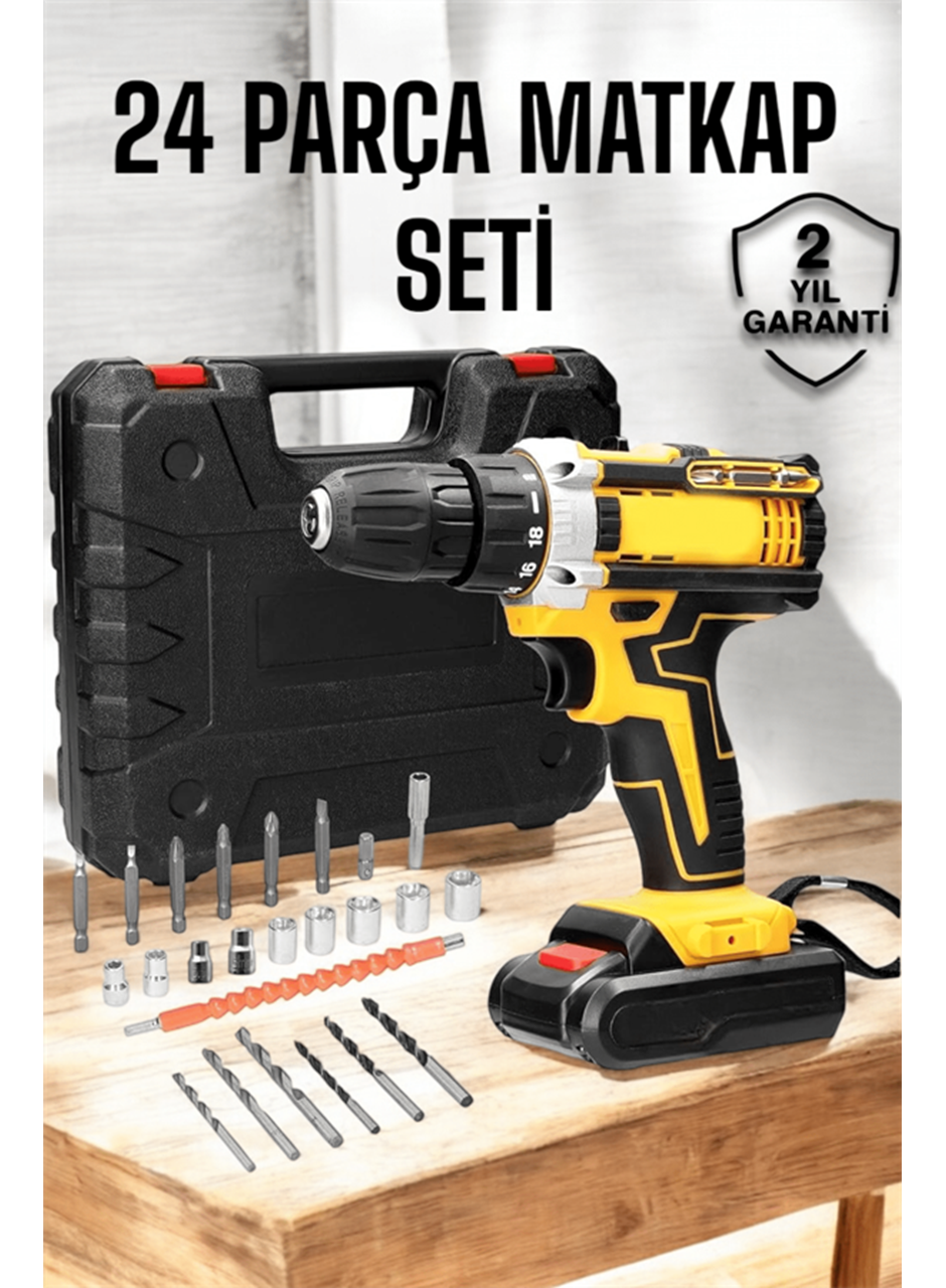 Çift Bataryalı Metal Dişli Darbeli Şarjlı Matkap Seti 24W Güç ve 24 Parça Aksesuar