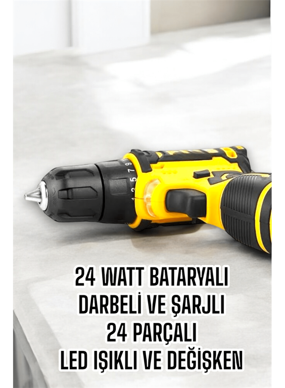 Çift Bataryalı Metal Dişli Darbeli Şarjlı Matkap Seti 24W Güç ve 24 Parça Aksesuar