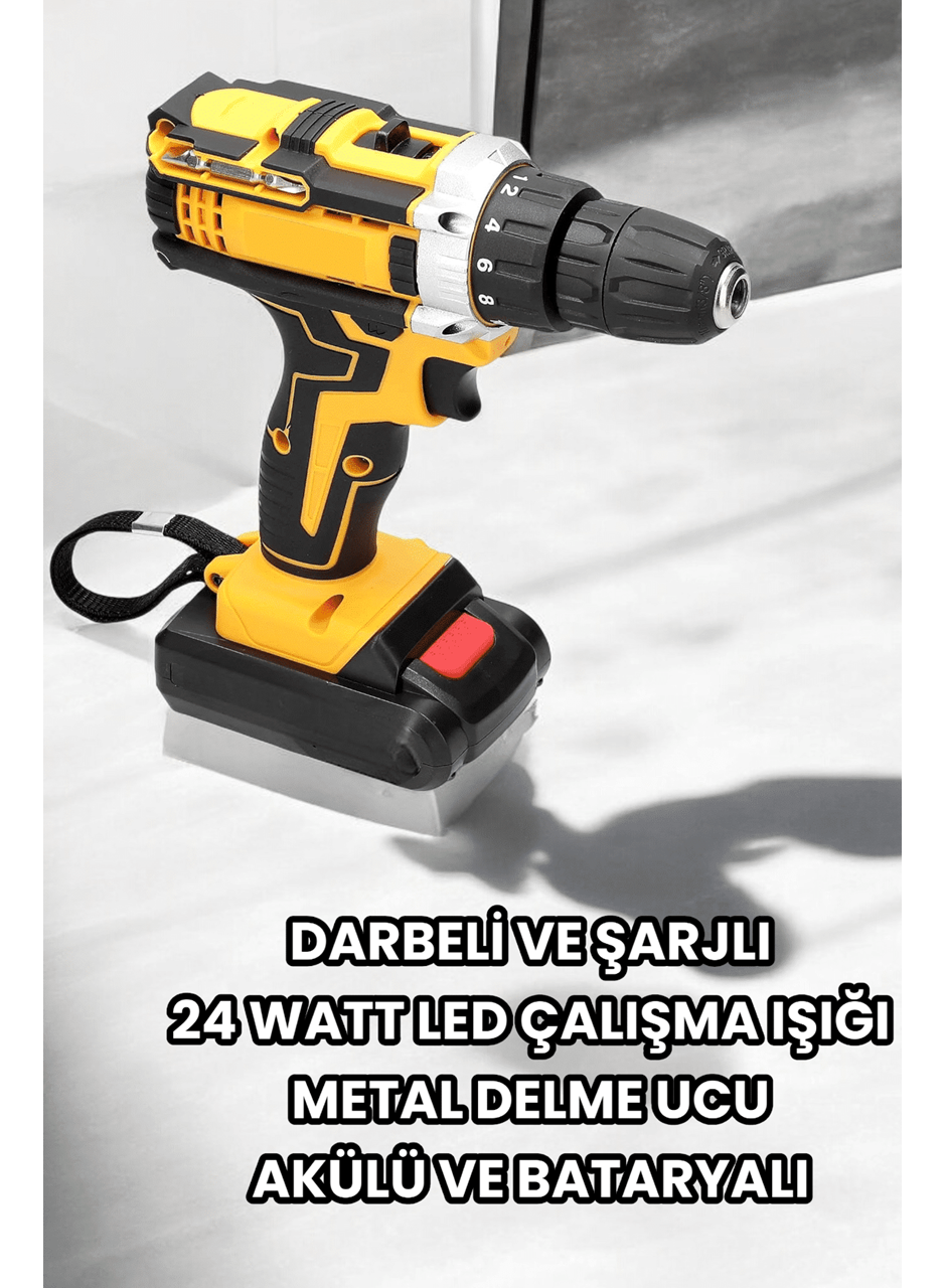 Metal Dişli 24W Akülü Matkap -Çift Bataryalı ve LED Çalışma Işığı ile Tam Set