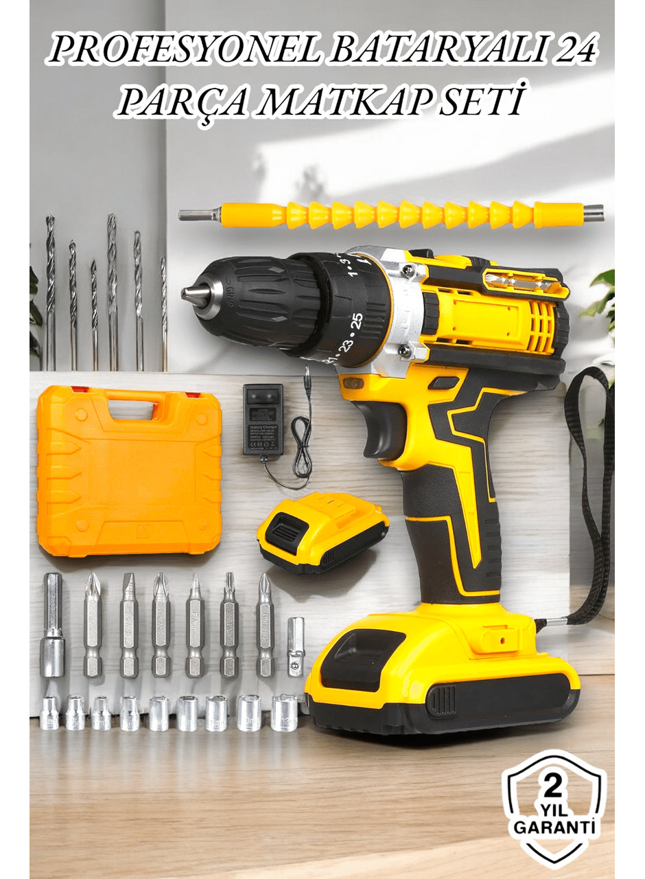 24 Parça Çift Bataryalı Şarjlı Matkap Seti 24W Motor ve Otomatik Mil Kilitli Tasarım