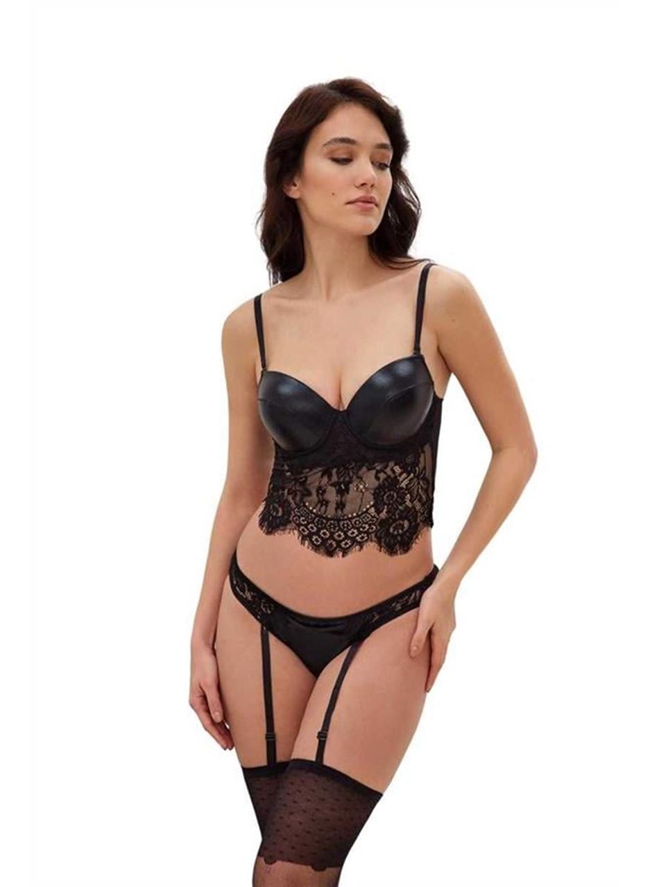 Kadın Deri Görünümlü Balenli Destekli Dolgulu Askıları Çıkabilen Dantelli Büstiyer Sütyen Jartiyerli String ve Çorap 3'lü Takım (5675)