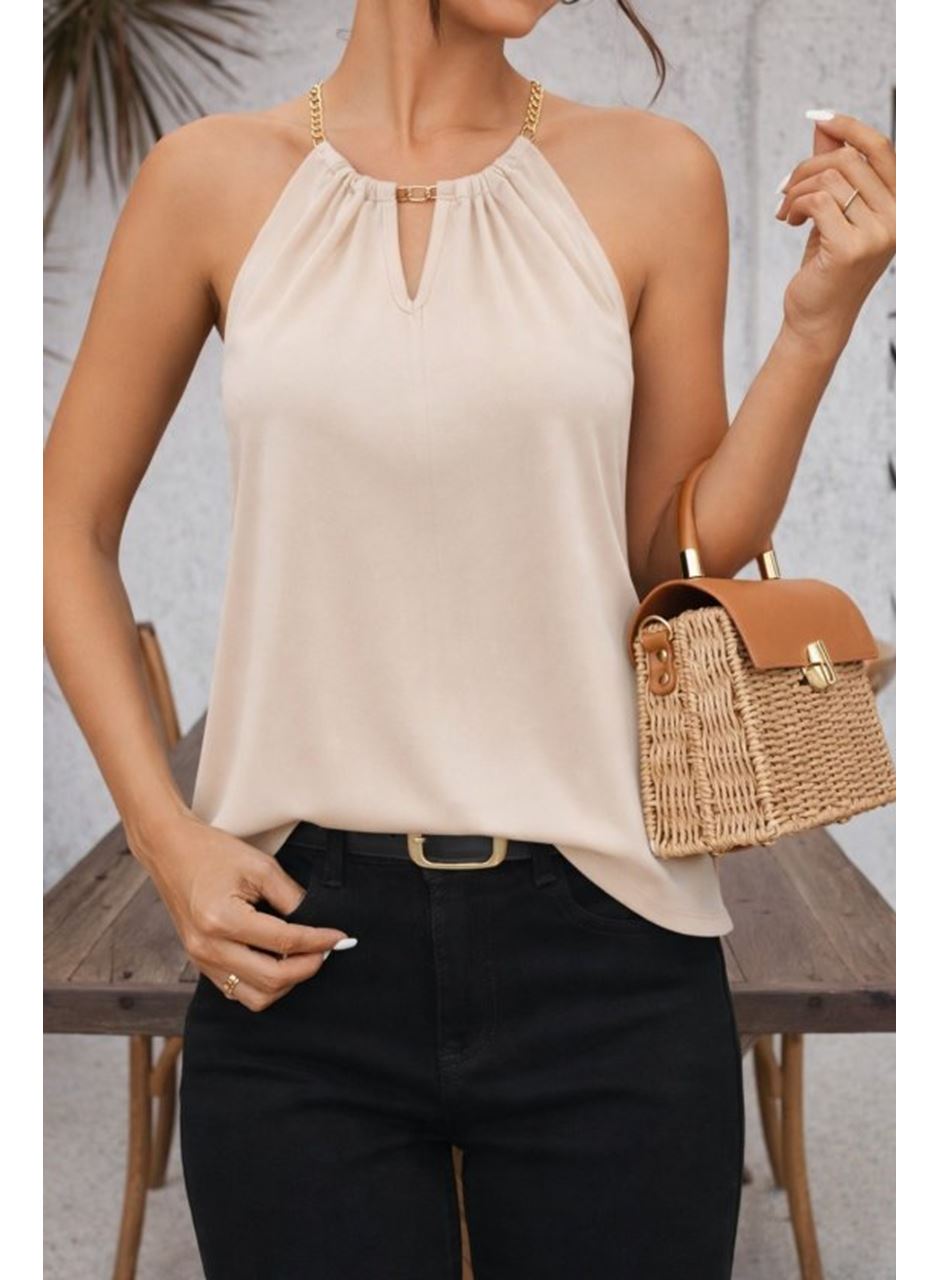 Kadın Omuzlardan Açık Zincir Halka Detaylı Sandy Bluz