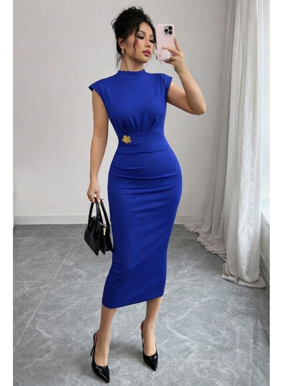 Kadın Yarı Balıkçı Yaka Kısa Kollu çicek Aksesuar Detaylı Midi Dalgıç Elbise