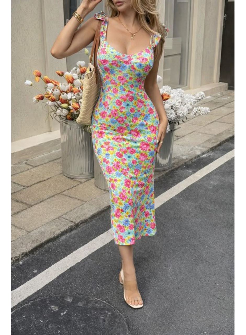 Kadın Askılı Göğüs Dekolteli Yırtmaçlı Desenli Midi Dalgıç Elbise