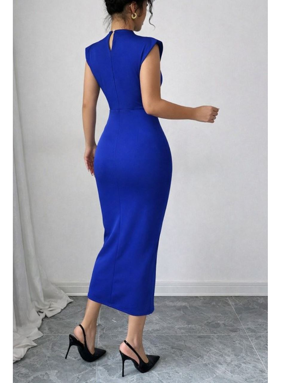 Kadın Yarı Balıkçı Yaka Kısa Kollu çicek Aksesuar Detaylı Midi Dalgıç Elbise