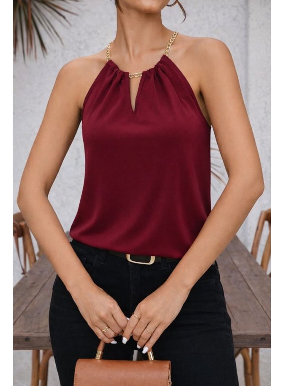 Kadın Omuzlardan Açık Zincir Halka Detaylı Sandy Bluz