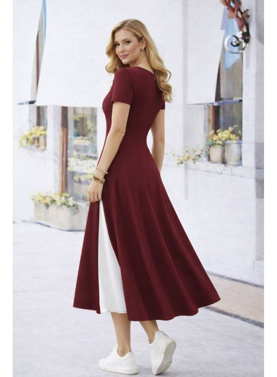 Kadın Kısa Kollu Asimetrik Yakalı Düğme Detaylı Midi Viskon Elbise