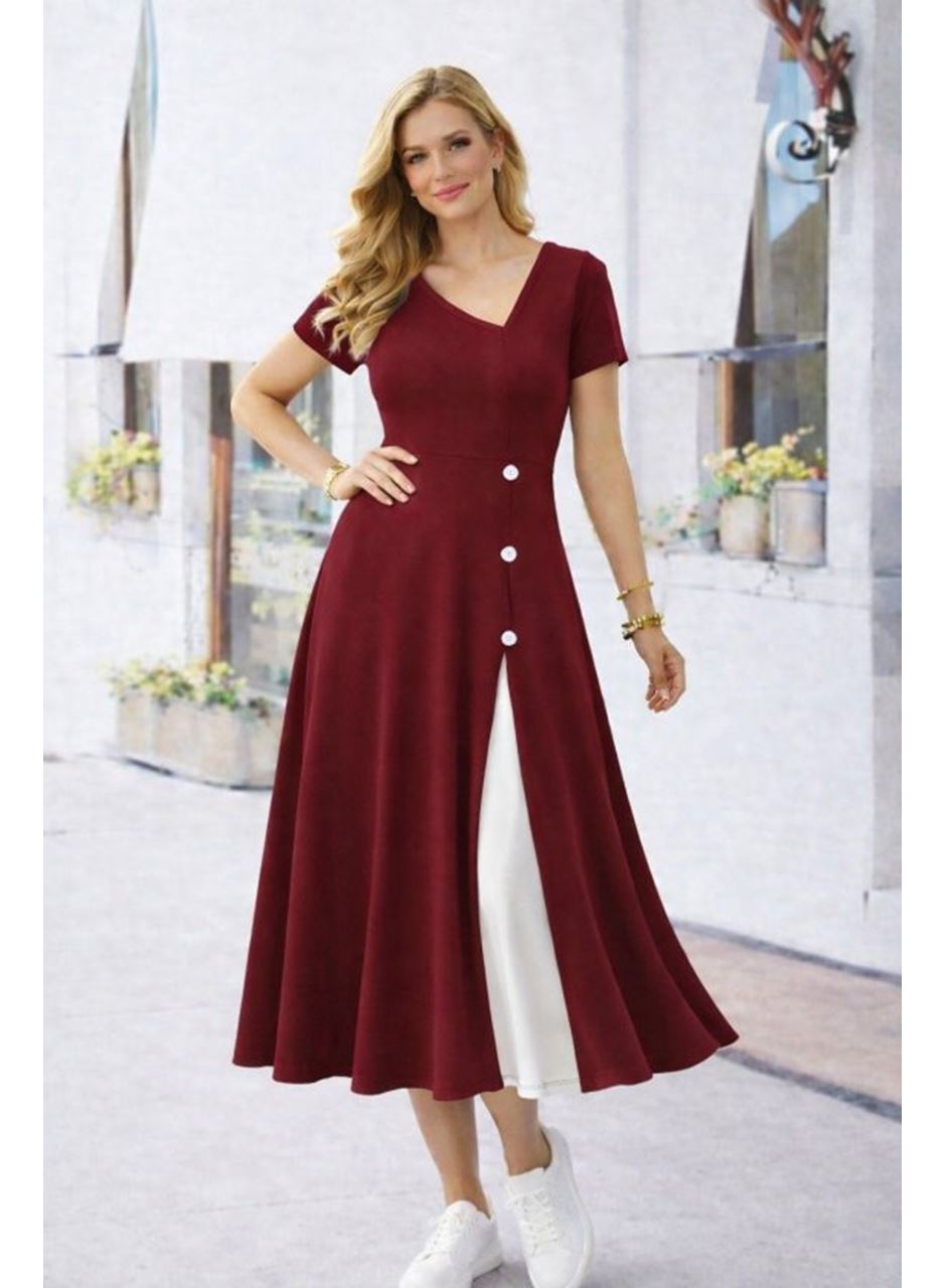 Kadın Kısa Kollu Asimetrik Yakalı Düğme Detaylı Midi Viskon Elbise