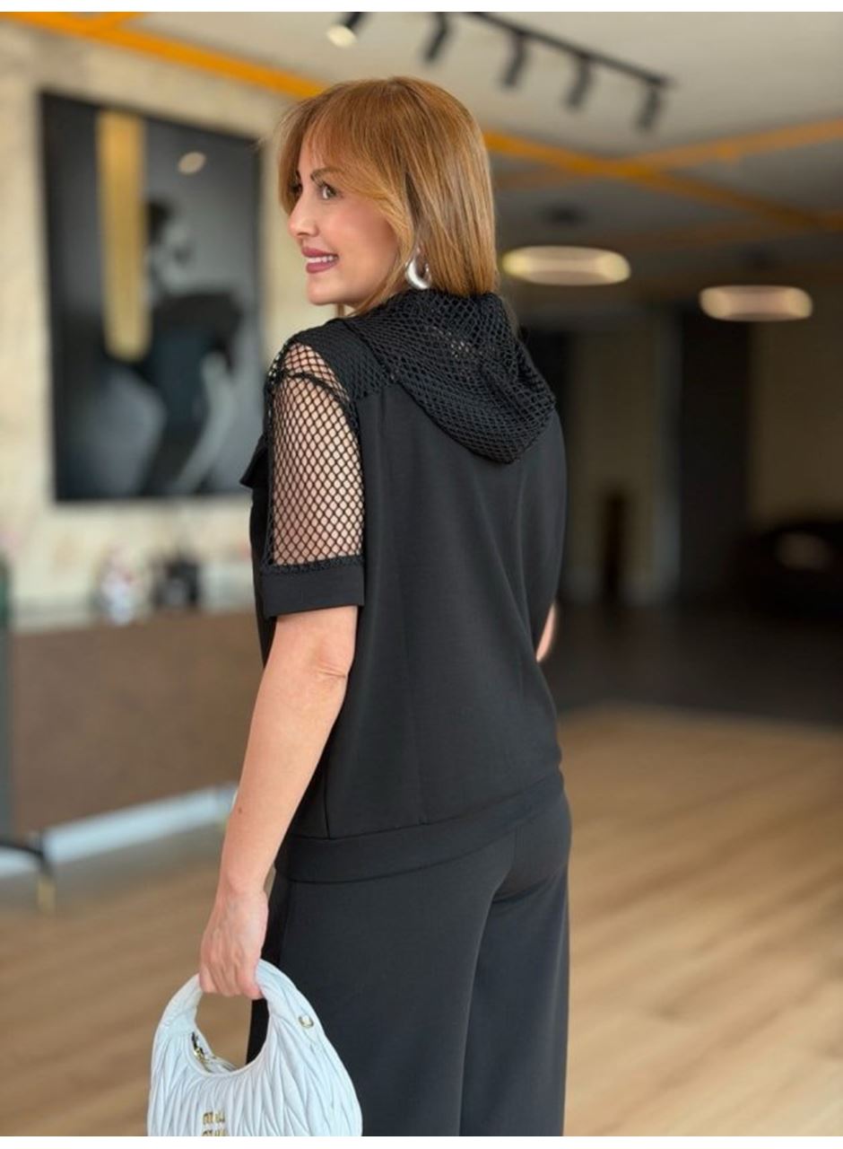 Kadın Fileli Kapüşonlu Modal Ceket