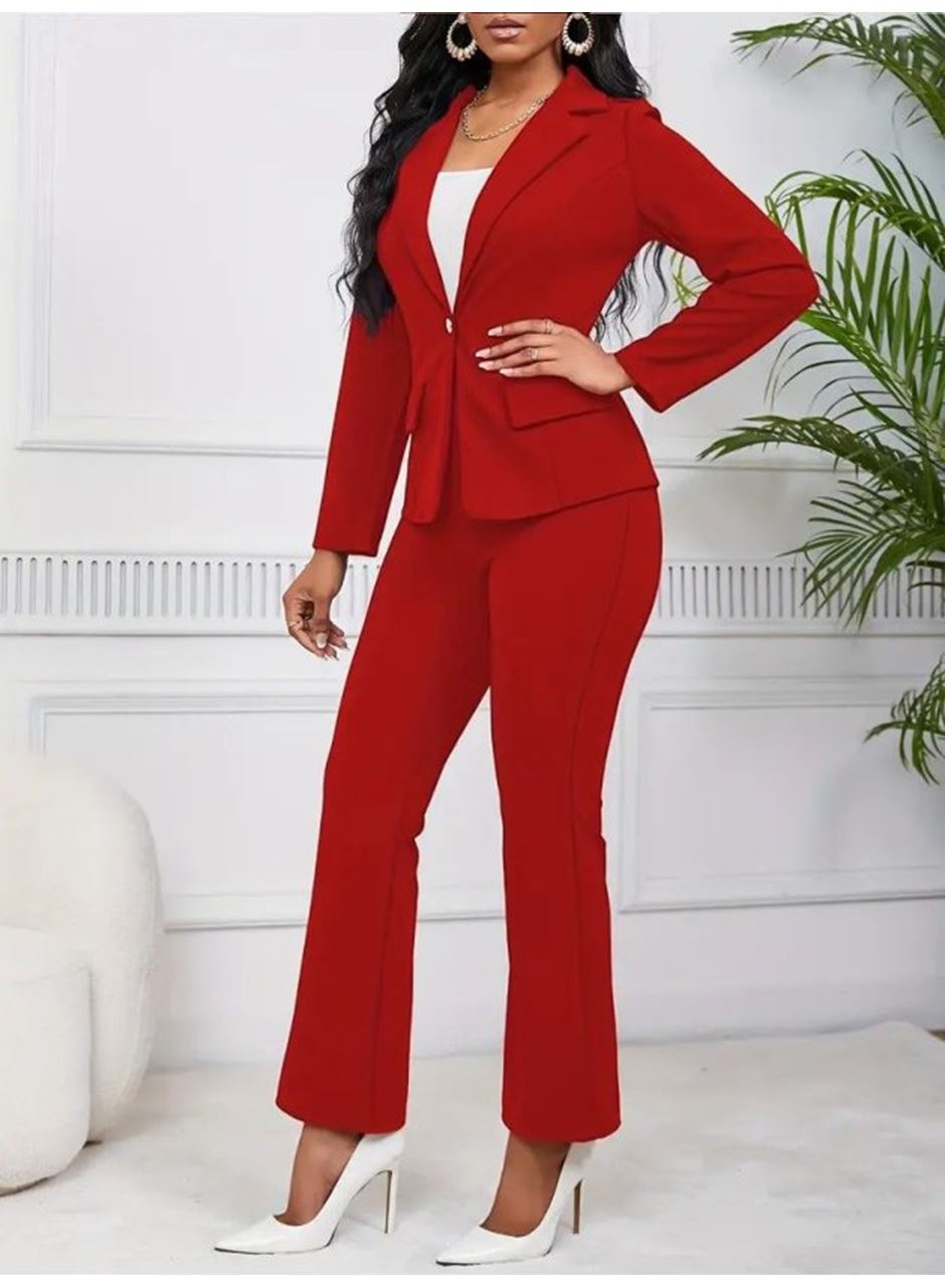 Kadın Uzun Kollu Yakalı Tek Düğme Detaylı Astarlı Ithal Krep Ceket Ve Pantolon Ikili Takım