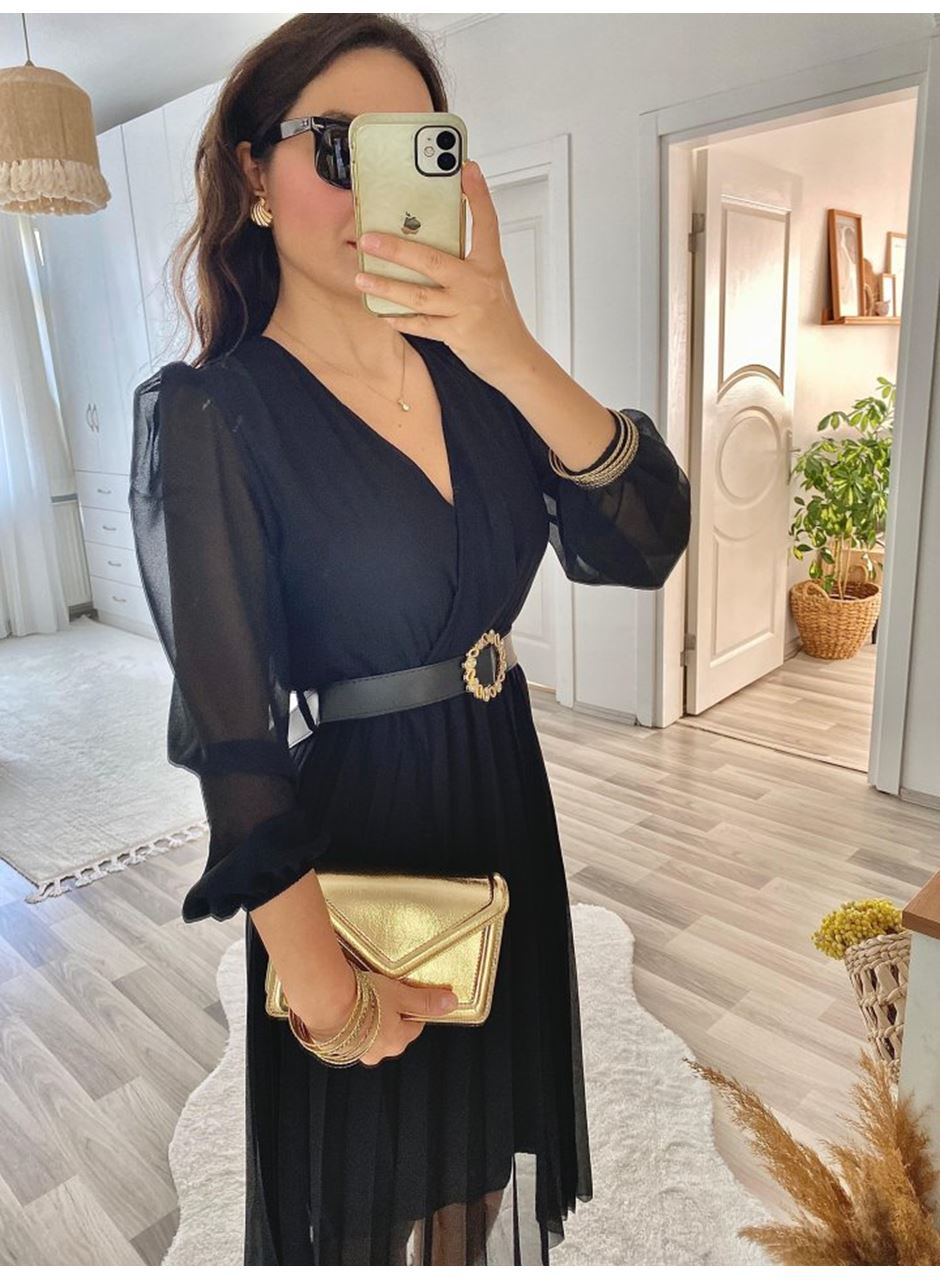 Kadın şifon Kumaş Astalı Kloş Kesim Kruvaze Yaka Midi Boy Elbise