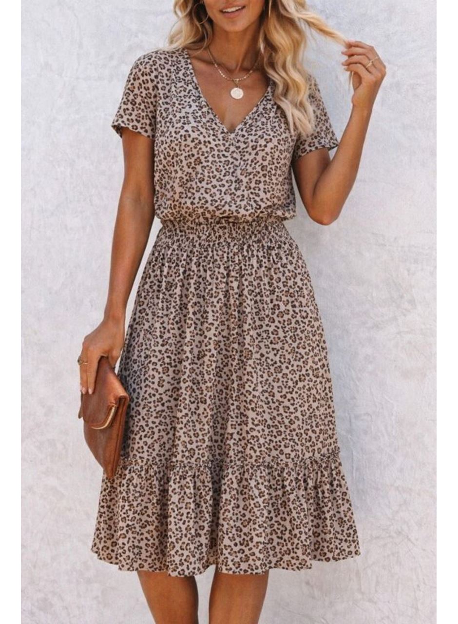 Kadın Kısa Kollu V Yakalı Beli Lastikli Midi Süprem Elbise