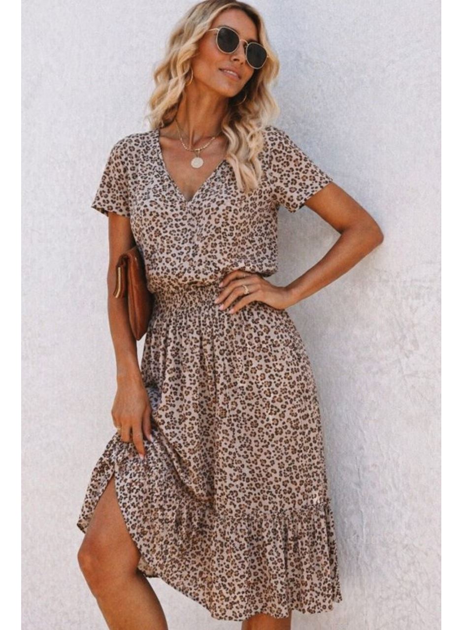 Kadın Kısa Kollu V Yakalı Beli Lastikli Midi Süprem Elbise