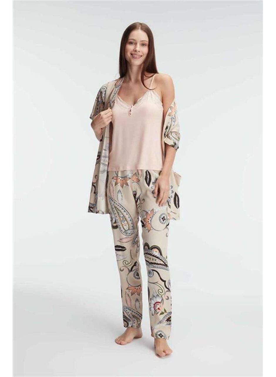 Anıl 5840 İp Askılı V Yaka KADIN Viskon Çiçek Desenli Yazlık Dantel Detaylı Pijama Takımı Sabahlık