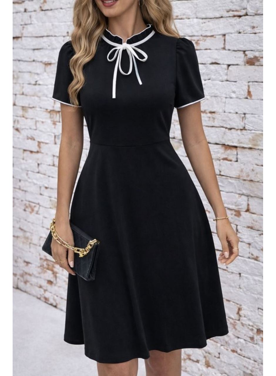 Kadın Kısa Kollu Yakadan Bağcıklı Ve Fırfırlı Midi Janjan Krep Elbise