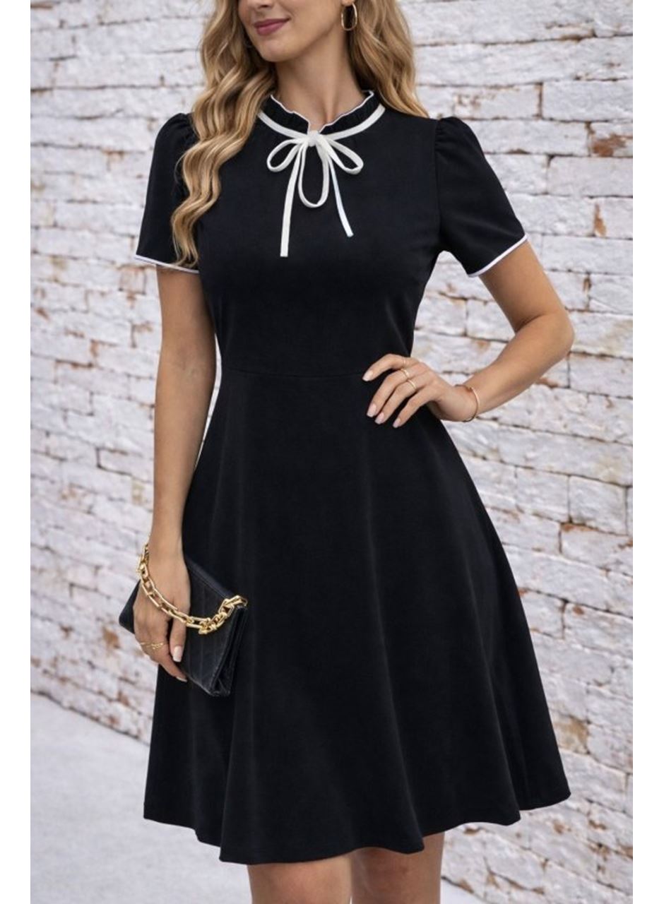 Kadın Kısa Kollu Yakadan Bağcıklı Ve Fırfırlı Midi Janjan Krep Elbise