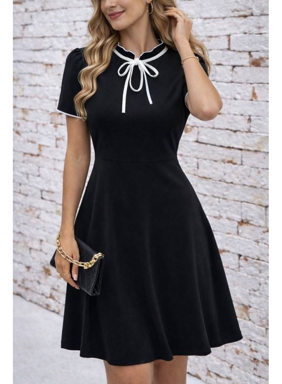 Kadın Kısa Kollu Yakadan Bağcıklı Ve Fırfırlı Midi Janjan Krep Elbise