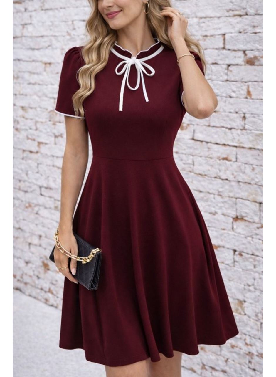 Kadın Kısa Kollu Yakadan Bağcıklı Ve Fırfırlı Midi Janjan Krep Elbise
