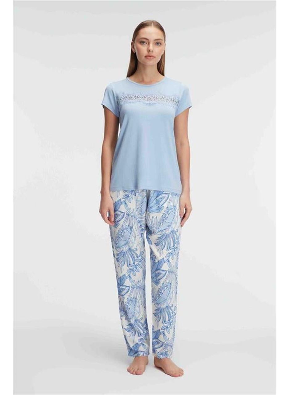 Anıl 9885 Kısa Kol Bisiklet Yaka Kadın Viskon Çiçek Desenli Yazlık ÖRME Dantel Detaylı Pijama Takımı