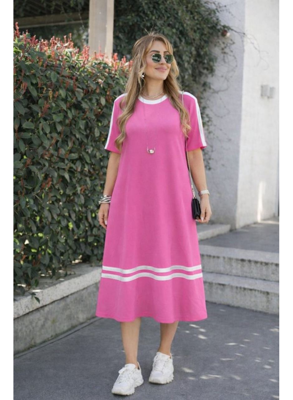 Kadın Kısa Kollu Bisiklet Yaka şerit Detaylı Midi Viskon Elbise