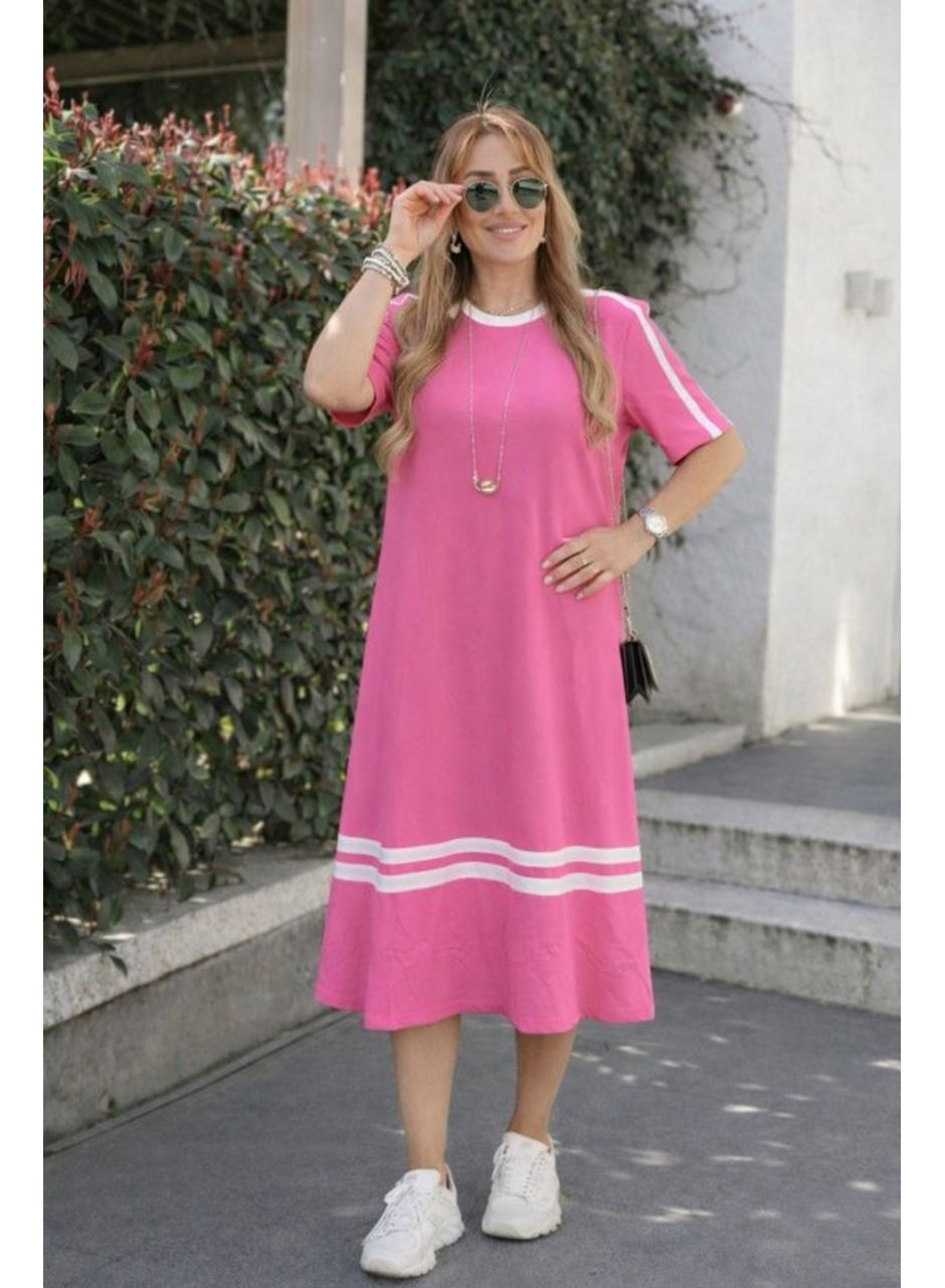 Kadın Kısa Kollu Bisiklet Yaka şerit Detaylı Midi Viskon Elbise