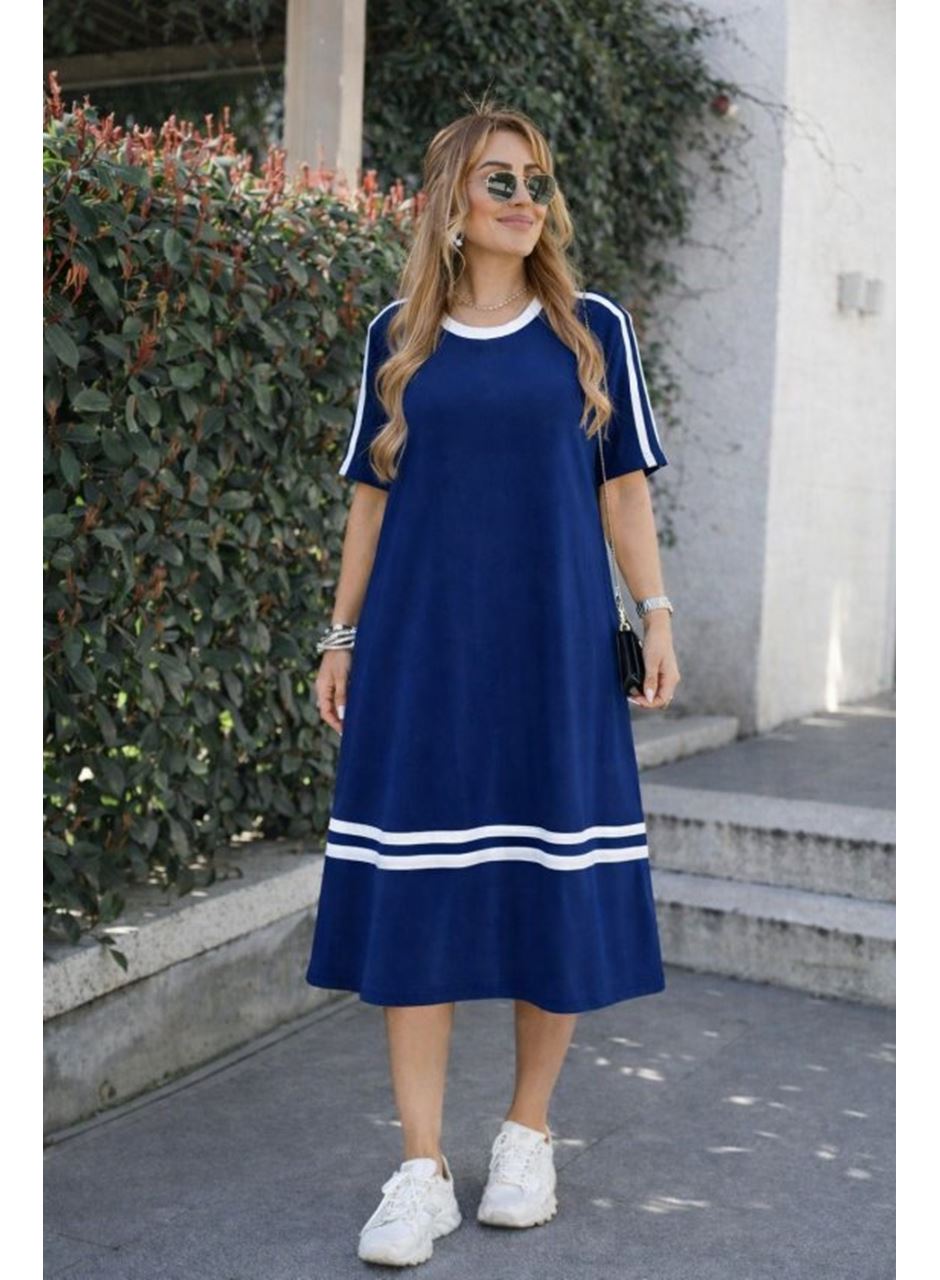 Kadın Kısa Kollu Bisiklet Yaka şerit Detaylı Midi Viskon Elbise