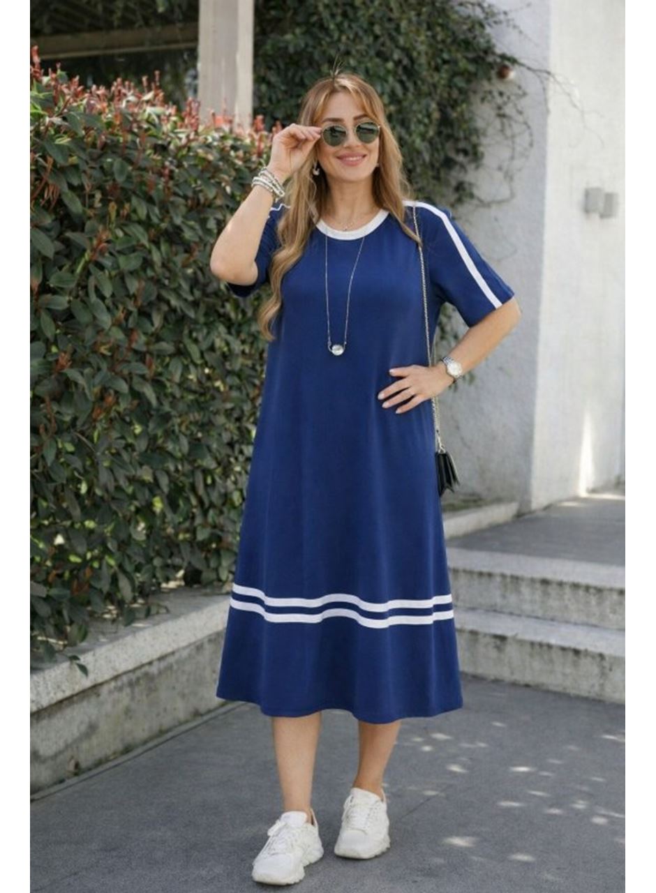 Kadın Kısa Kollu Bisiklet Yaka şerit Detaylı Midi Viskon Elbise