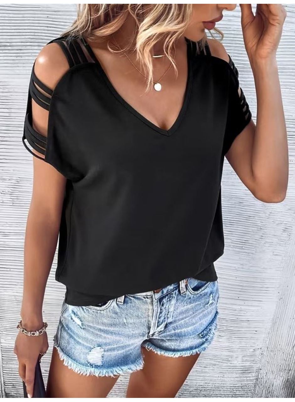 Kadın Kısa Kollu V Yakalı şerit Detaylı Viskon Bluz