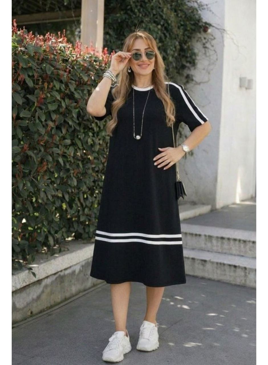 Kadın Kısa Kollu Bisiklet Yaka şerit Detaylı Midi Viskon Elbise