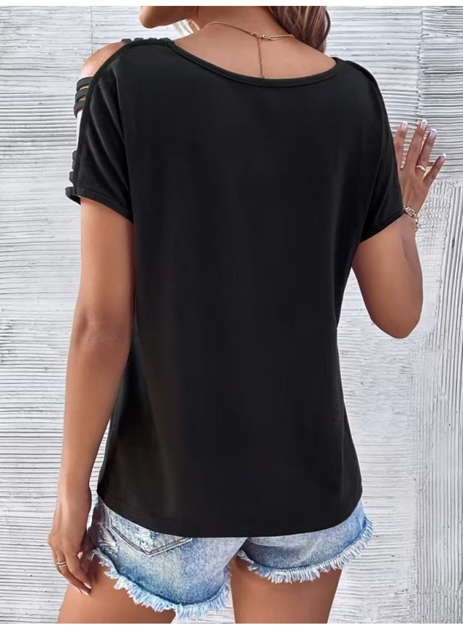 Kadın Kısa Kollu V Yakalı şerit Detaylı Viskon Bluz