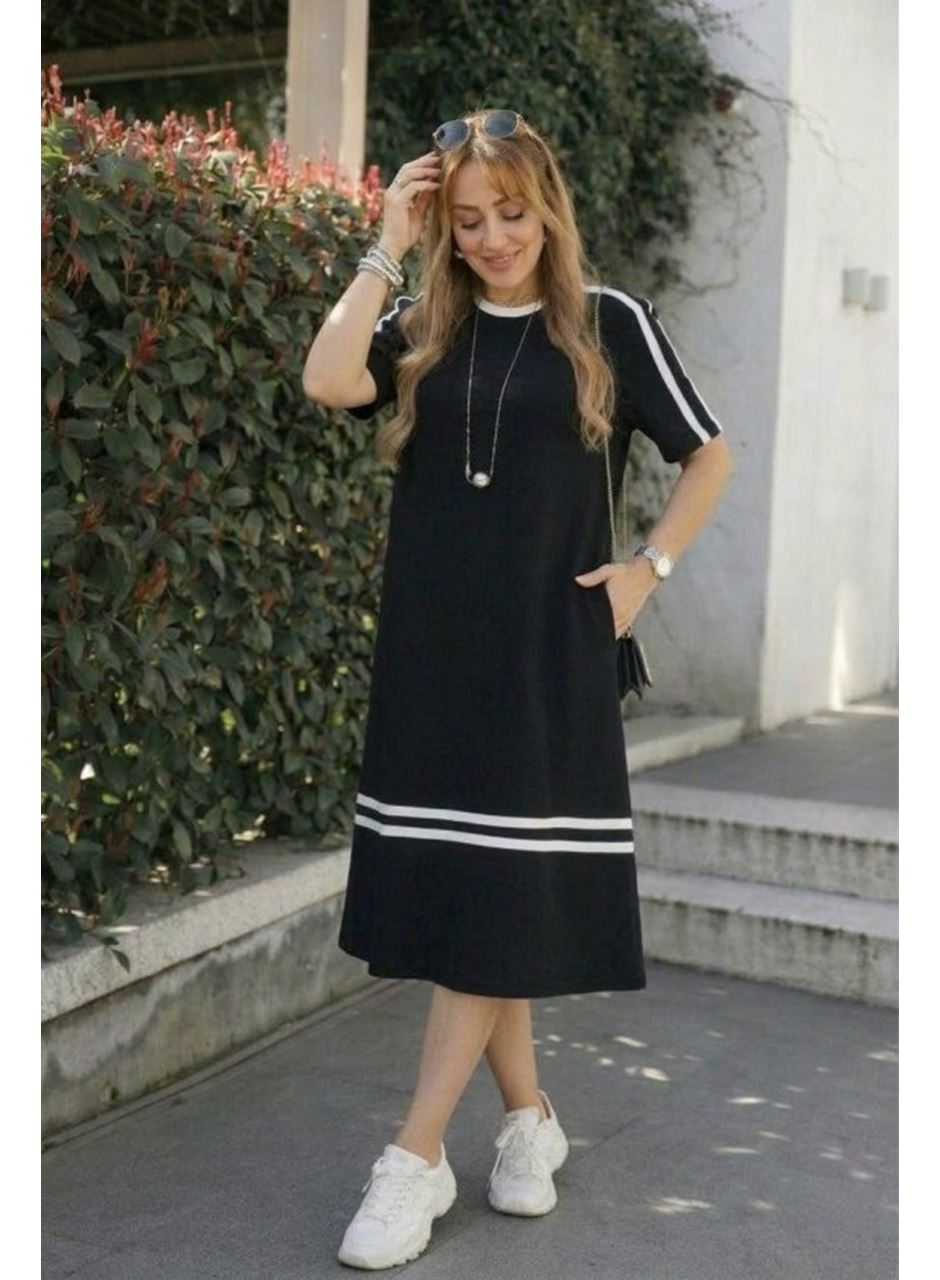 Kadın Kısa Kollu Bisiklet Yaka şerit Detaylı Midi Viskon Elbise