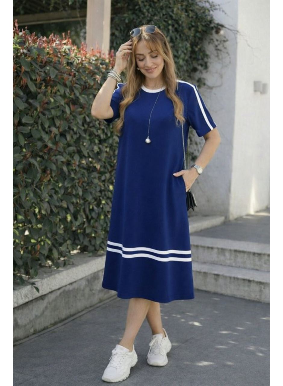 Kadın Kısa Kollu Bisiklet Yaka şerit Detaylı Midi Viskon Elbise