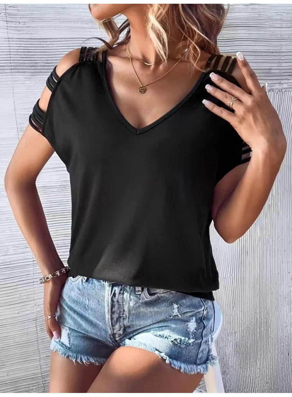 Kadın Kısa Kollu V Yakalı şerit Detaylı Viskon Bluz