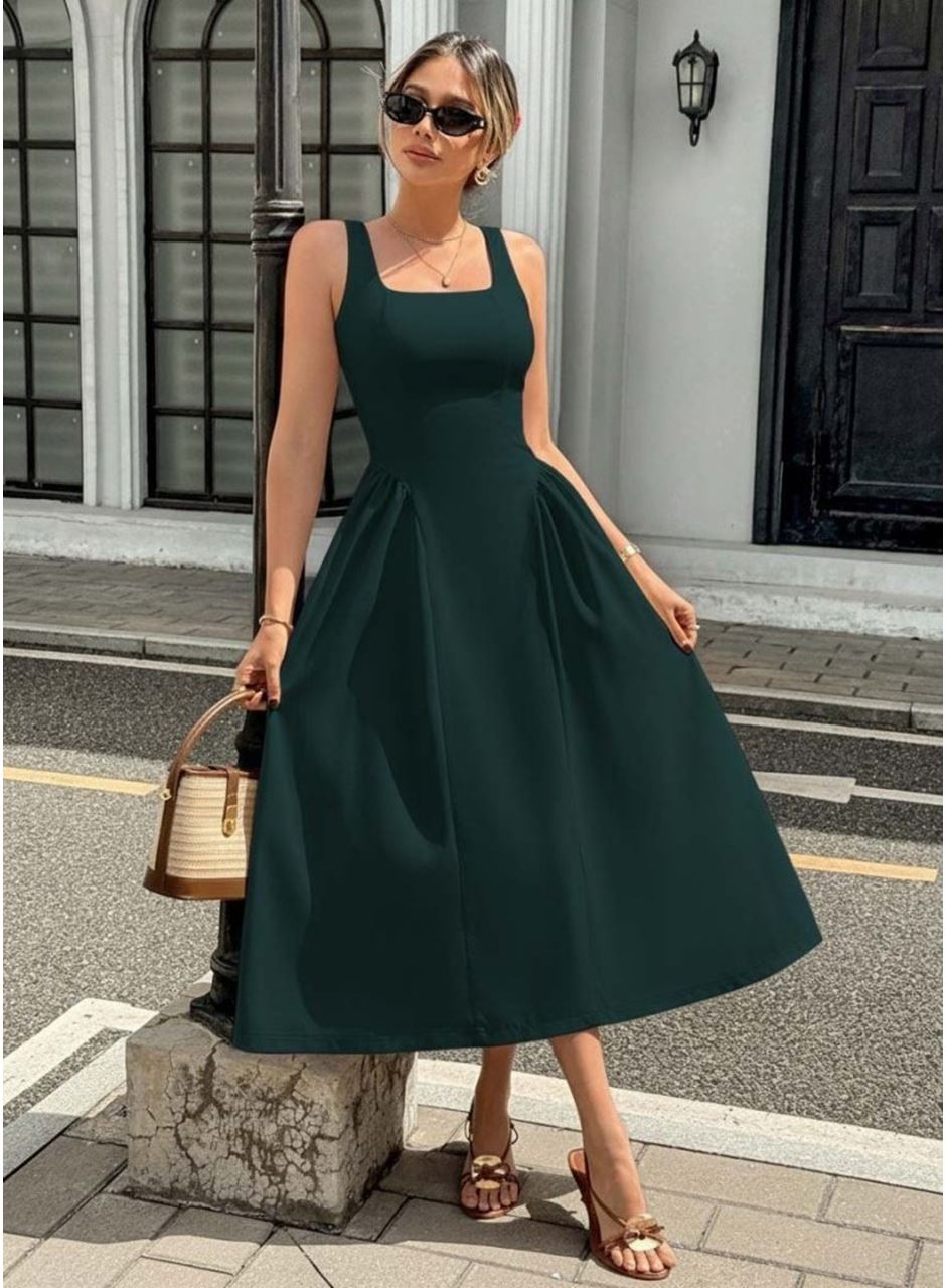 Kadın Askılı Kare Yakalı Uzun Ithal Krep Elbise