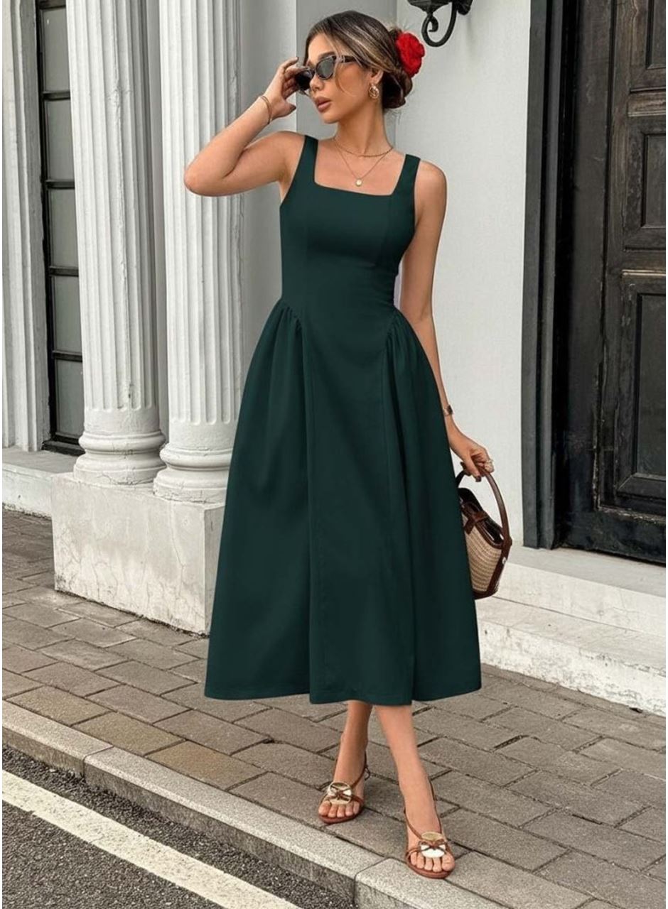 Kadın Askılı Kare Yakalı Uzun Ithal Krep Elbise